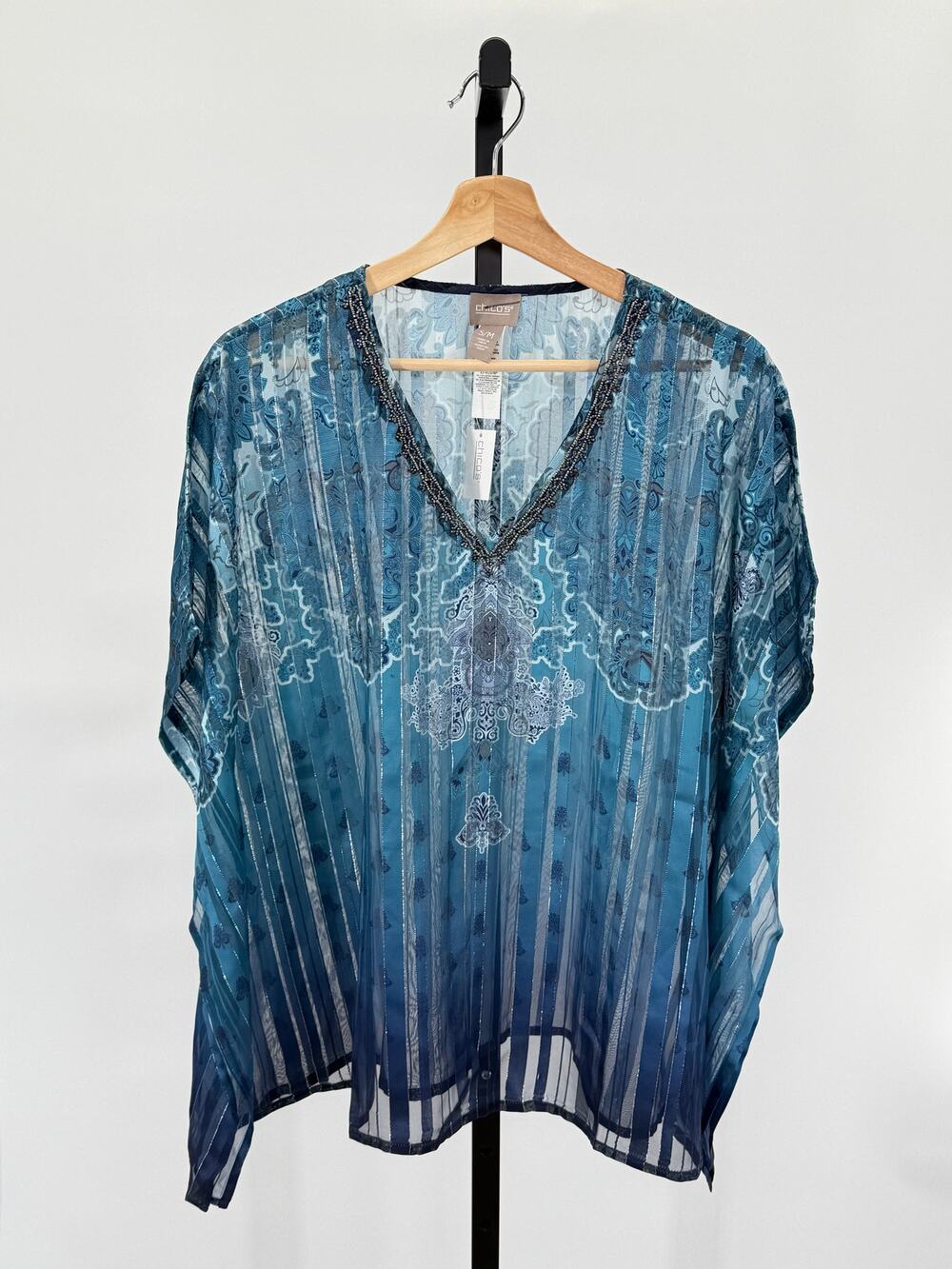 New! Chico's Blue Ombre Damask Paisley Sheer S/M Poncho Beaded Coastal Beachy